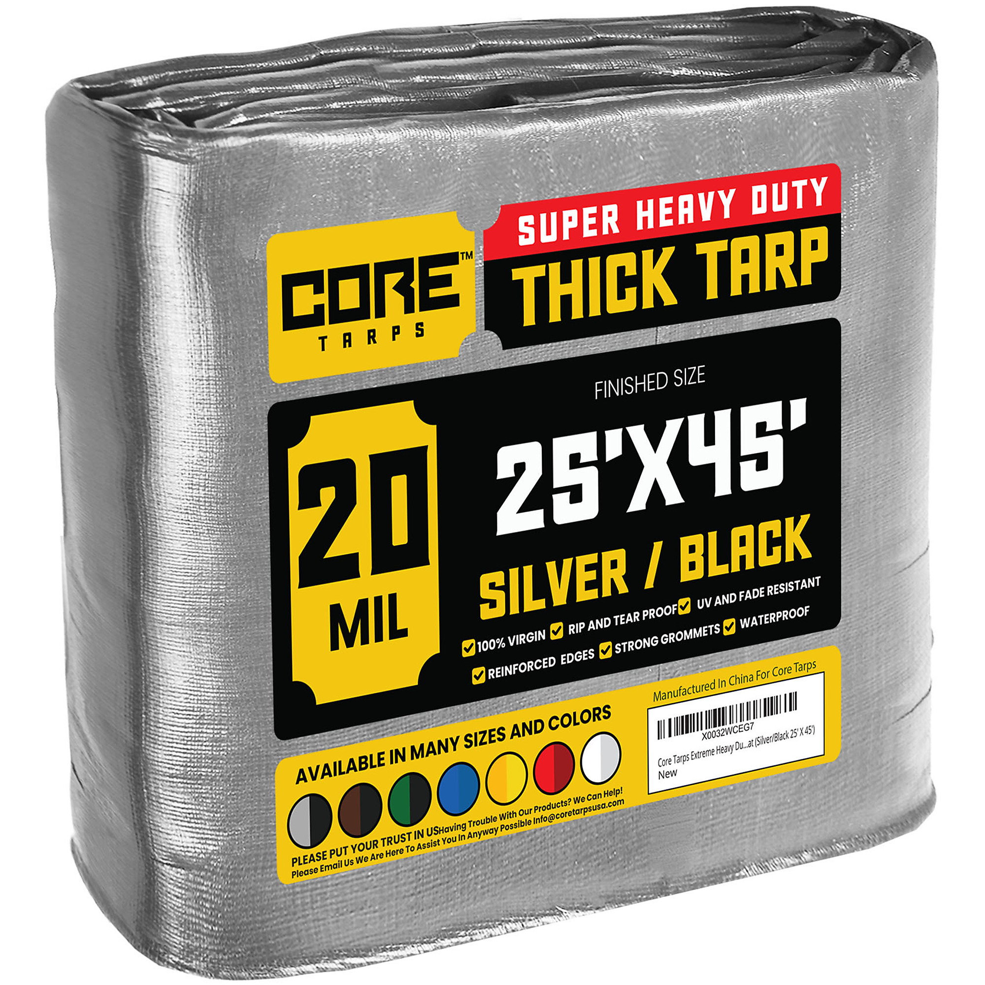 Core Tarps Extreme Heavy-Duty Tarp Cover — 25ft. x 45ft., 20 Mil, Waterproof, UV-Resistant, Rip and Tear Proof, Reinforced Edges, Silver/Black, Model# CT-701-25X45